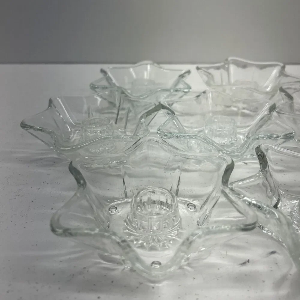 Set of‎ 7 Vintage Anchor Hocking 6 Point Shape Clear Glass Candlestick Holders